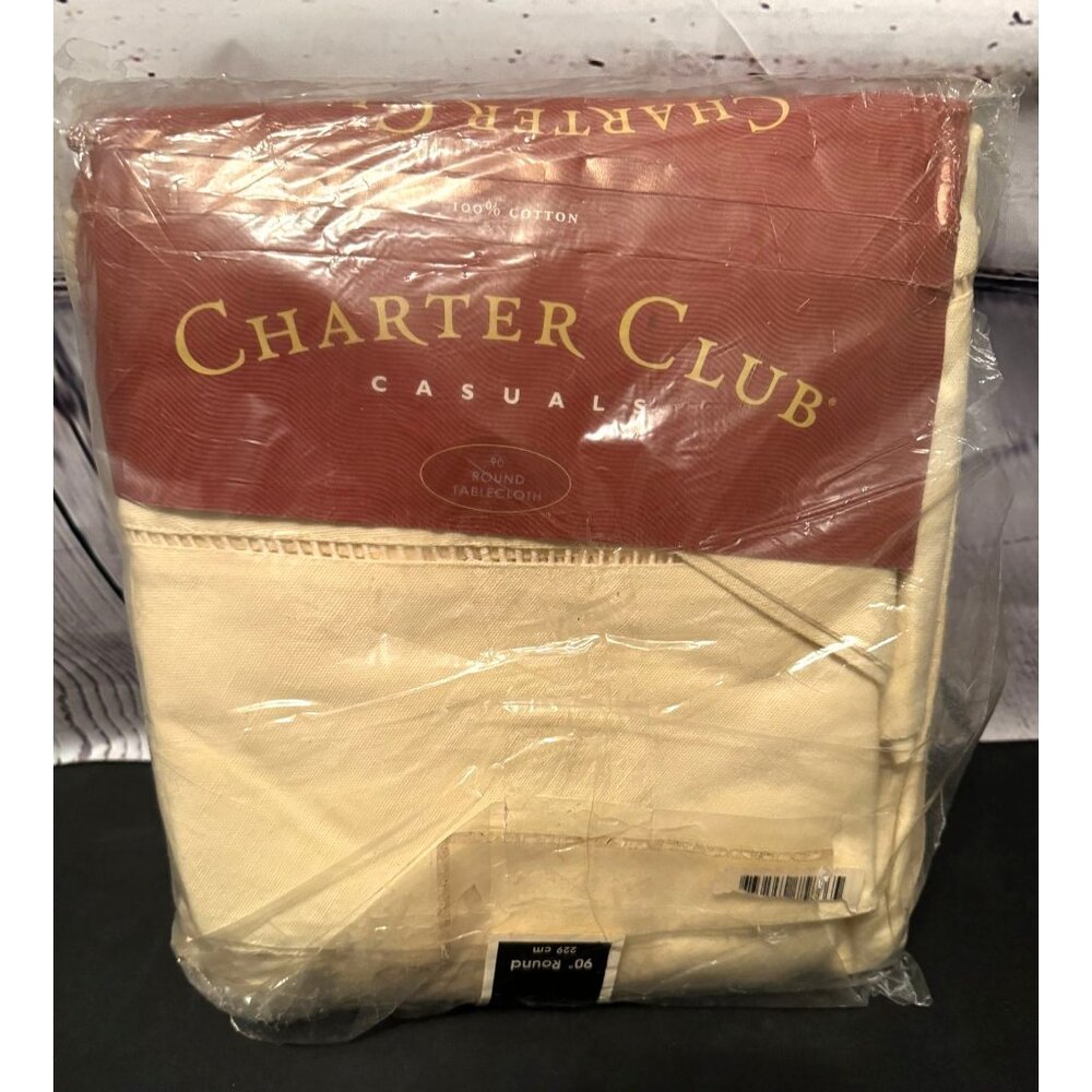 Charter Club Cotton  90" Round Cream Hemstitch Tablecloth